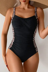 Black Color Block Leopard Print Strap One Piece Swimsuit - Femstylo