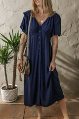 Navy Blue V Neck Buttoned Front Shirred Back Short Sleeve Midi Dress - Femstylo
