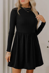 Black Frilled Neck Ribbed Knit Patchwork Long Sleeve Mini Dress
