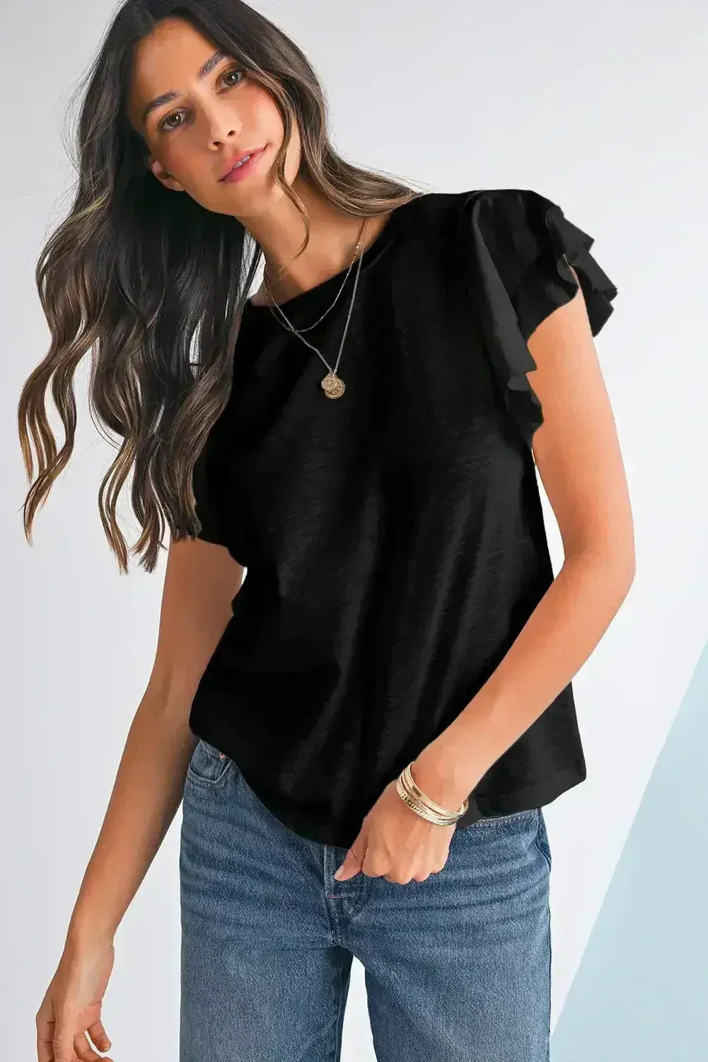 Dark Grey Ruffle Sleeve Plain Blouse | Femstylo - Femstylo
