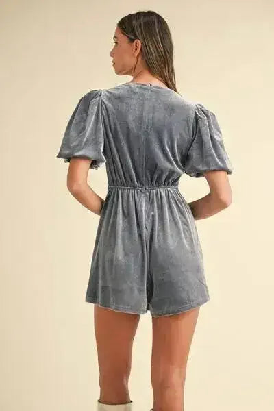 Mable Jewel Bow Decor Puff Sleeve Velvet Romper - Femstylo