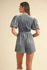 Mable Jewel Bow Decor Puff Sleeve Velvet Romper - Femstylo