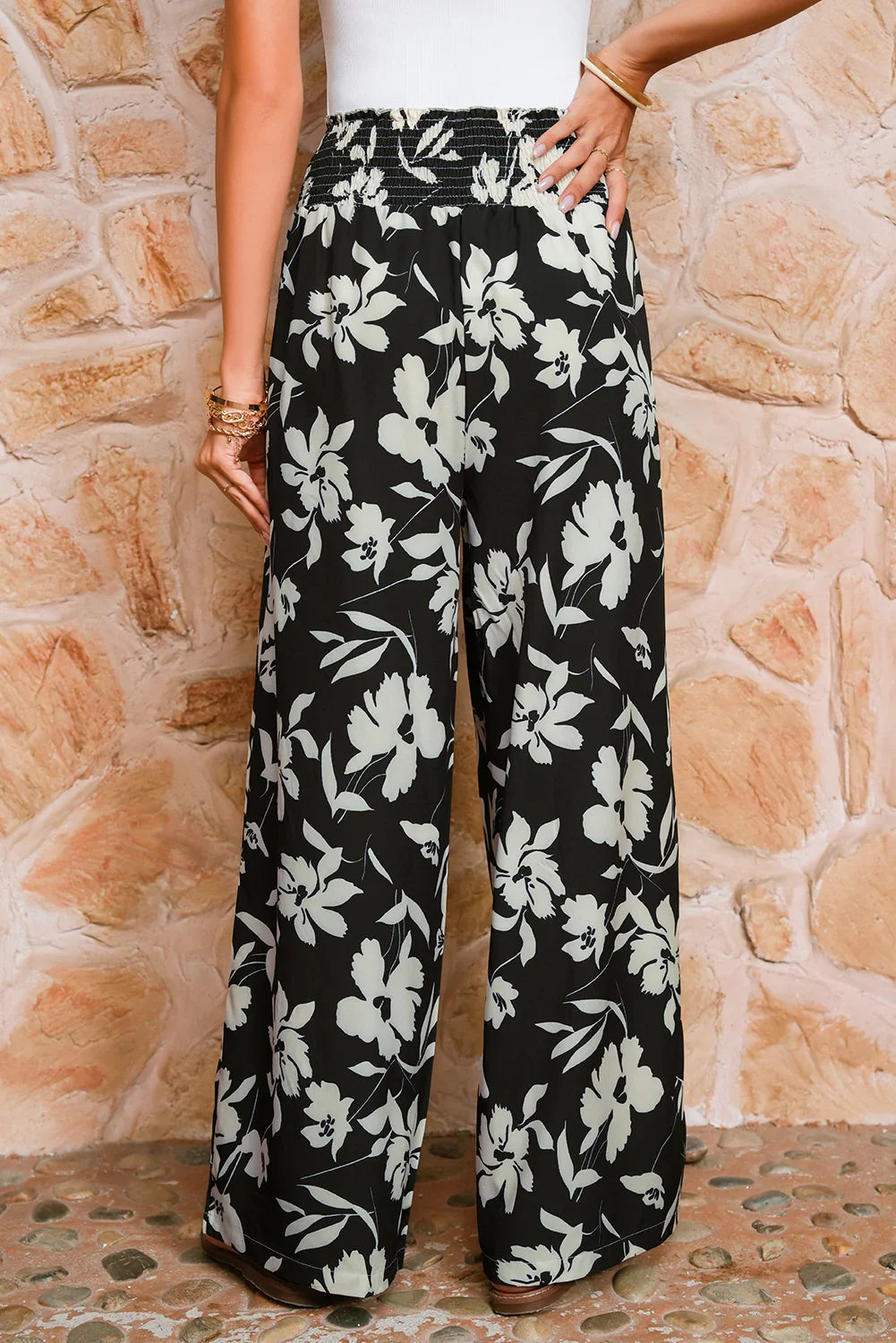 Blue Floral Smocked Frill Waist Wide Leg Pants