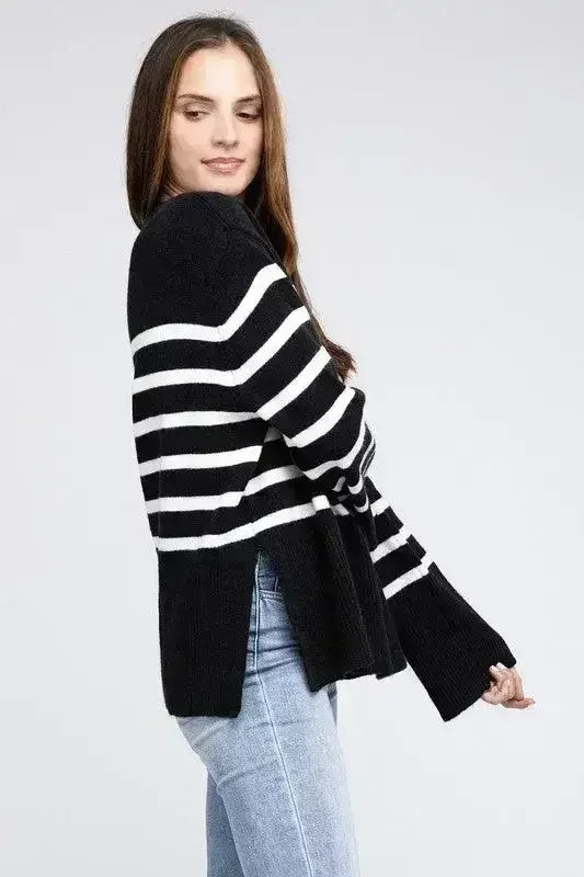 Ribbed Hem Stripe Sweater - Femstylo