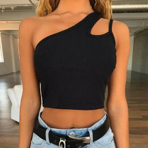 One shoulder drawstring sexy crop top Elegant bodycon women - Femstylo