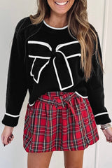 Black Contrast Trim Big Bow Accent Cropped Sweater