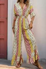 Yellow Boho V Neck Half Sleeve Patchwork Maxi Dress - Femstylo