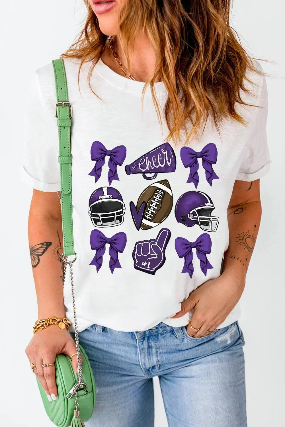 White Game Day Rugby Cheer Helmet Bow Graphic Tee