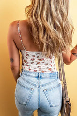 White Floral V Cut Frilled Trim Spaghetti Straps Bodysuit - Femstylo