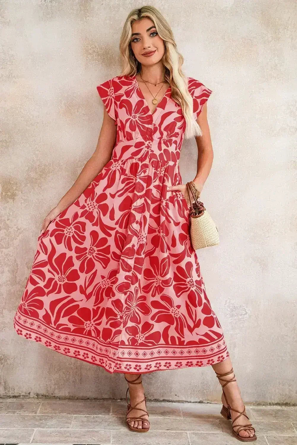 Red Boho Floral V-Neck Ruffle Shoulder Maxi Dress - Femstylo