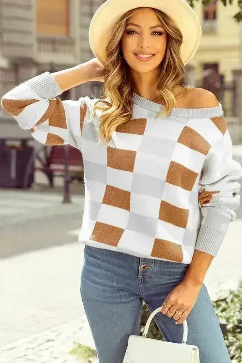 Checkered Drop Shoulder Sweater - Khaki Knit | Femstylo - Femstylo