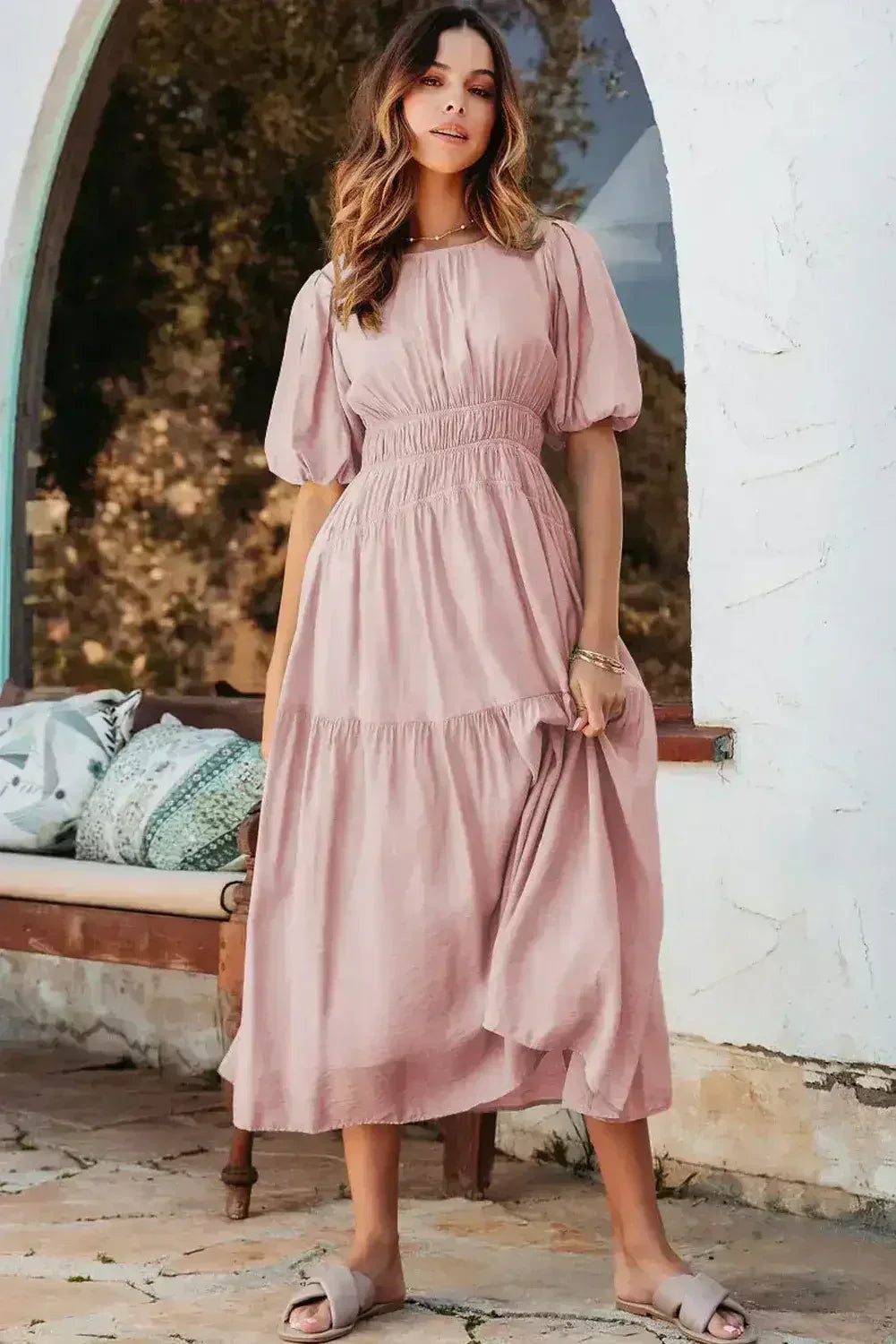Light Blue Puff Sleeve High Waist Flowy Midi Dress - Femstylo