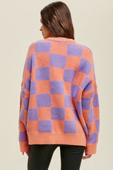 Grapefruit Orange Checkered Pattern Ribbed Trim Knit Baggy Sweater