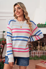 Khaki Striped Eyelet Pattern Drop Shoulder Sweater