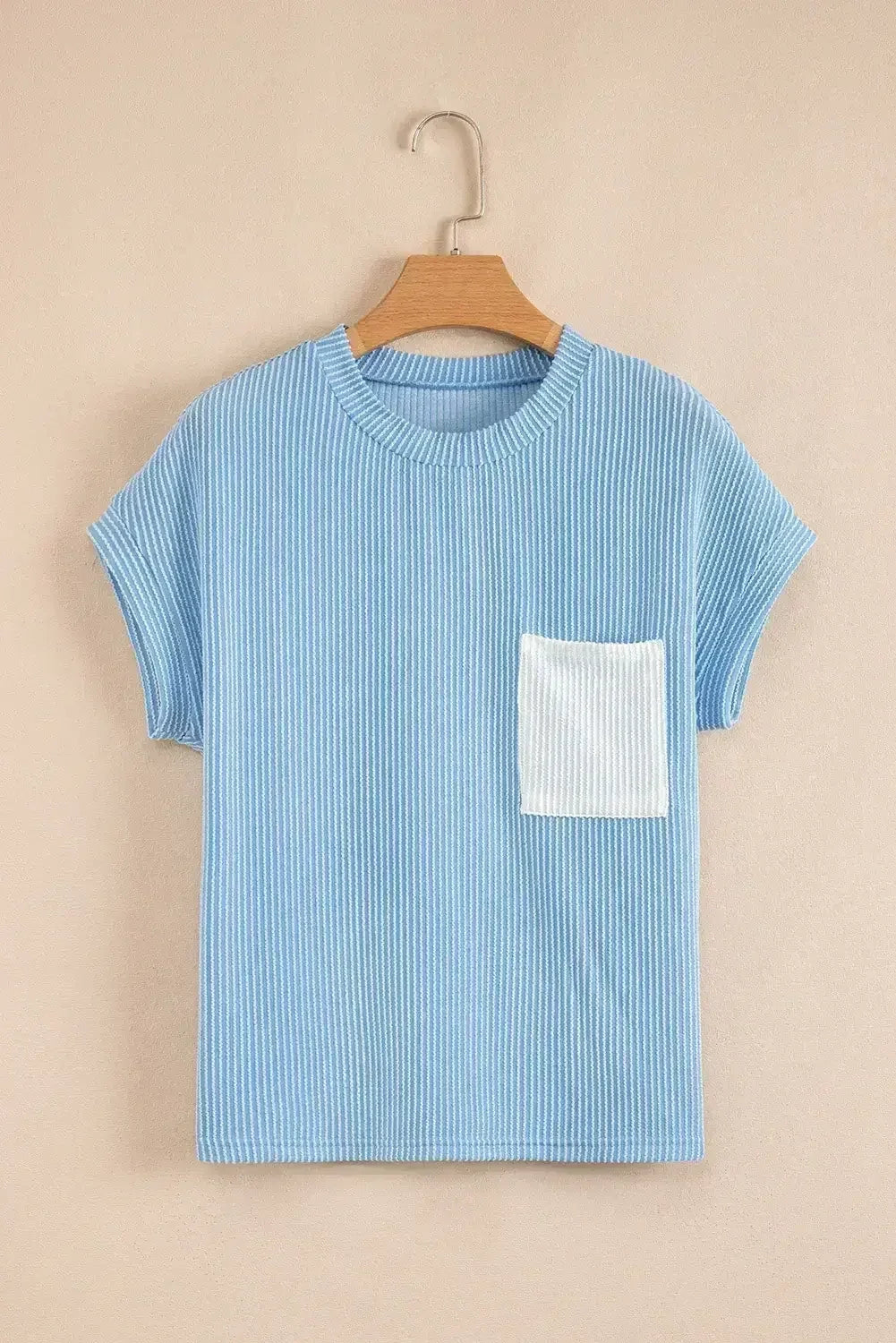 Pink Corded Colorblock Pocket Crew Neck T Shirt - Femstylo