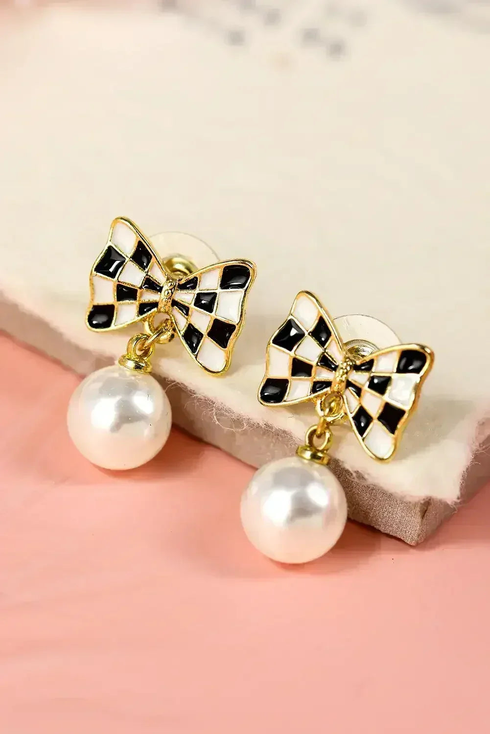 Black Checkered Bow Pearl Drop Earrings - Femstylo