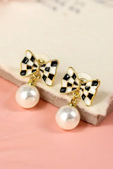 Black Checkered Bow Pearl Drop Earrings - Femstylo