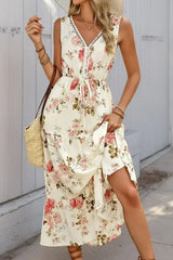 White Floral Print V Neck Sleeveless Tiered Dress - Femstylo
