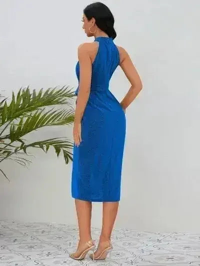 Slit Ruched Mock Neck Sleeveless Dress - Femstylo