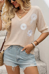 Jet Stream Flower Embroidered Waffle Knit T Shirt