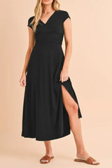 Black Deep V Neck Ruched High Waist Midi Dress - Femstylo