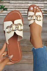 White Metal Buckle One Strap Flat Casual Slippers - Femstylo