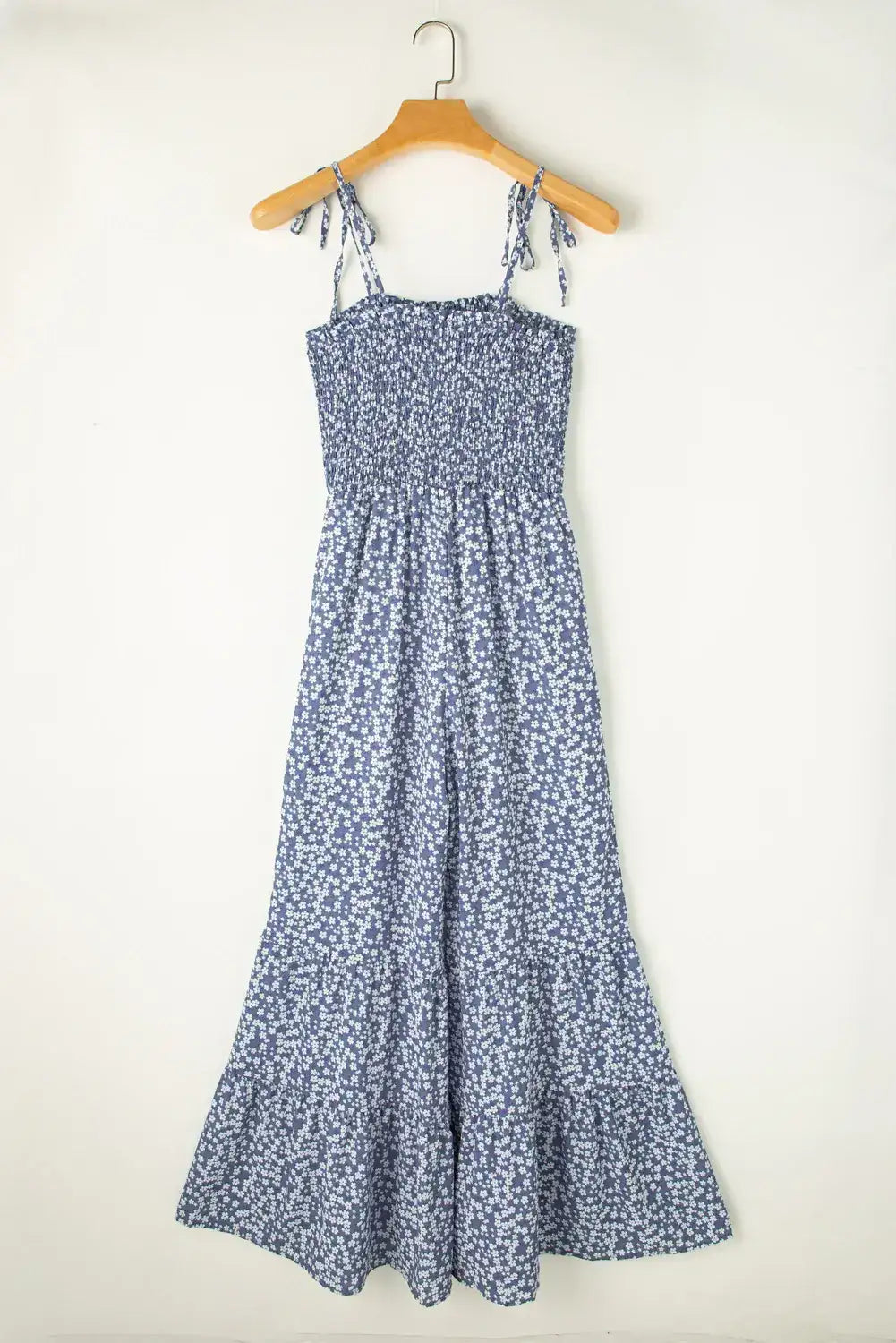 Dusk Blue Floral Print Spaghetti Straps Smocked Wide Leg Jumpsuit