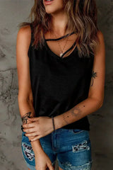 Black Strappy Hollow-out Neck Tank Top - Femstylo