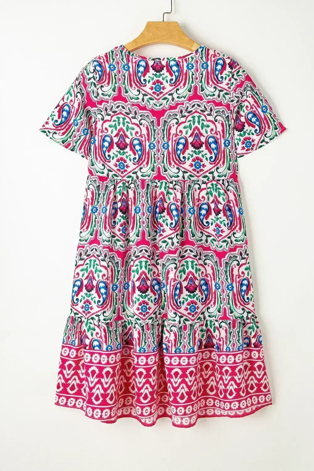 Pink Bohemian Tie Neck Flounce Sleeve Ruffle Hem Mini Dress - Femstylo