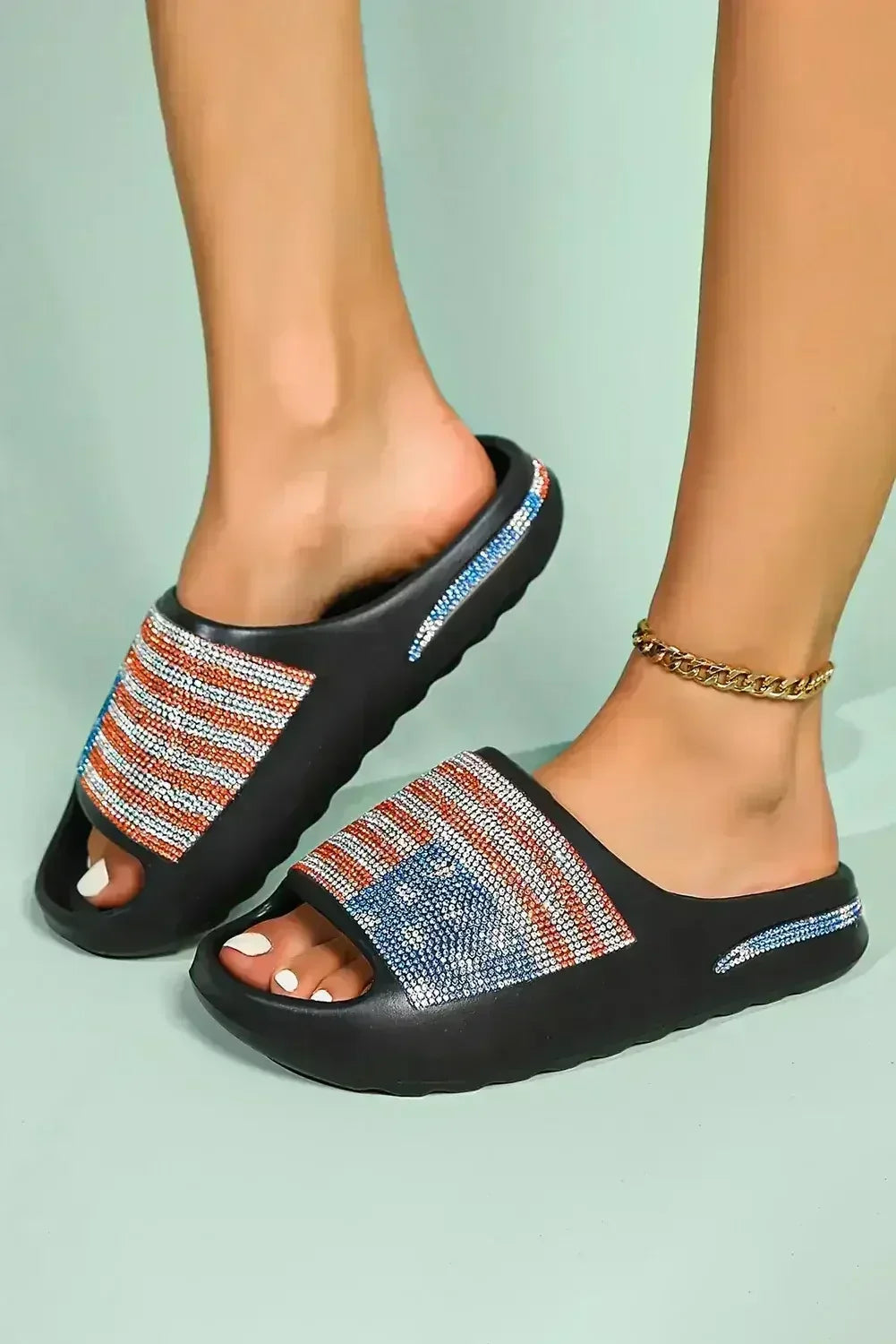 White Rhinestone American Flag Thick Sole Slides Shoes - Femstylo