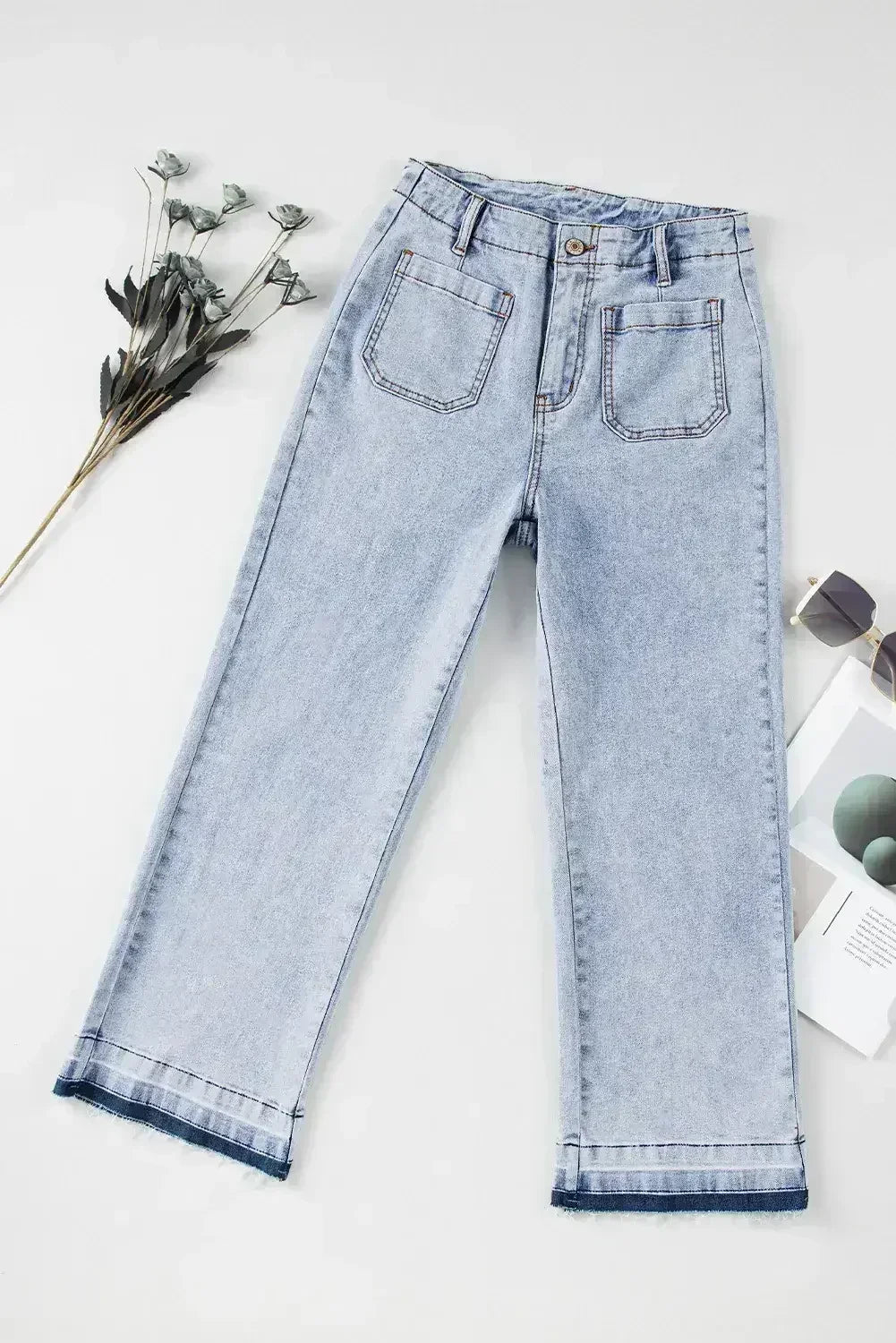 Beau Blue Acid Washed Contrast Hem Pocketed Cropped Jeans - Femstylo