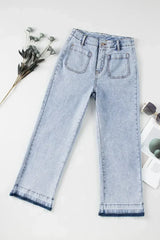 Beau Blue Acid Washed Contrast Hem Pocketed Cropped Jeans - Femstylo