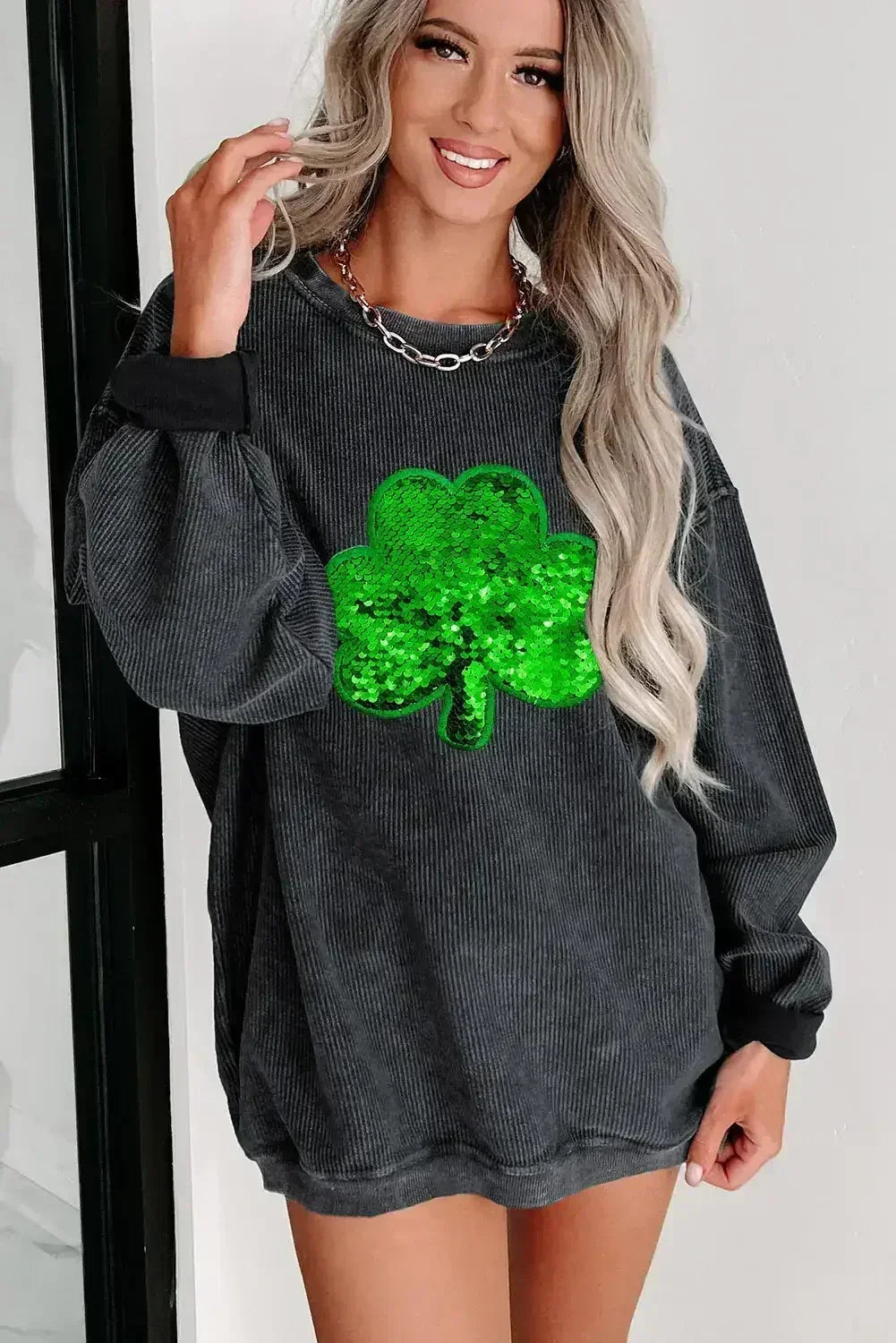 Black Sequin Embroidered Clover Corded Graphic Sweatshirt - Femstylo