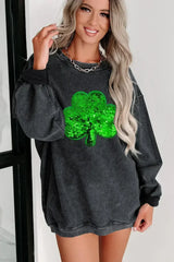 Black Sequin Embroidered Clover Corded Graphic Sweatshirt - Femstylo