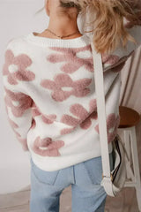 White Vintage Flower Drop Shoulder Loose Sweater - Femstylo