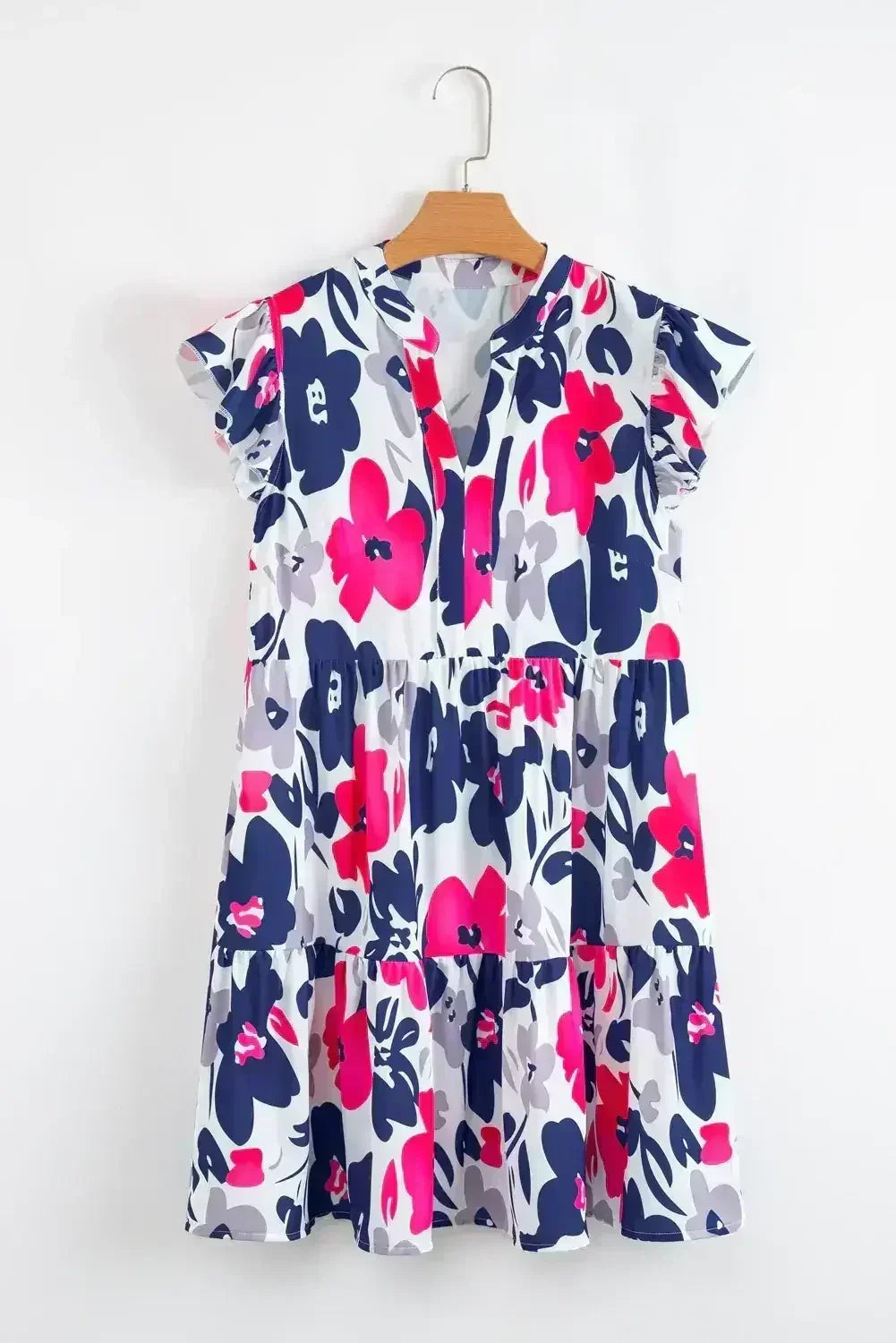 Rose Floral Print Notched Neck Flutter Sleeve Mini Dress - Femstylo