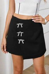 Black Rhinestone Bow High Waist Mini Skirt - Femstylo