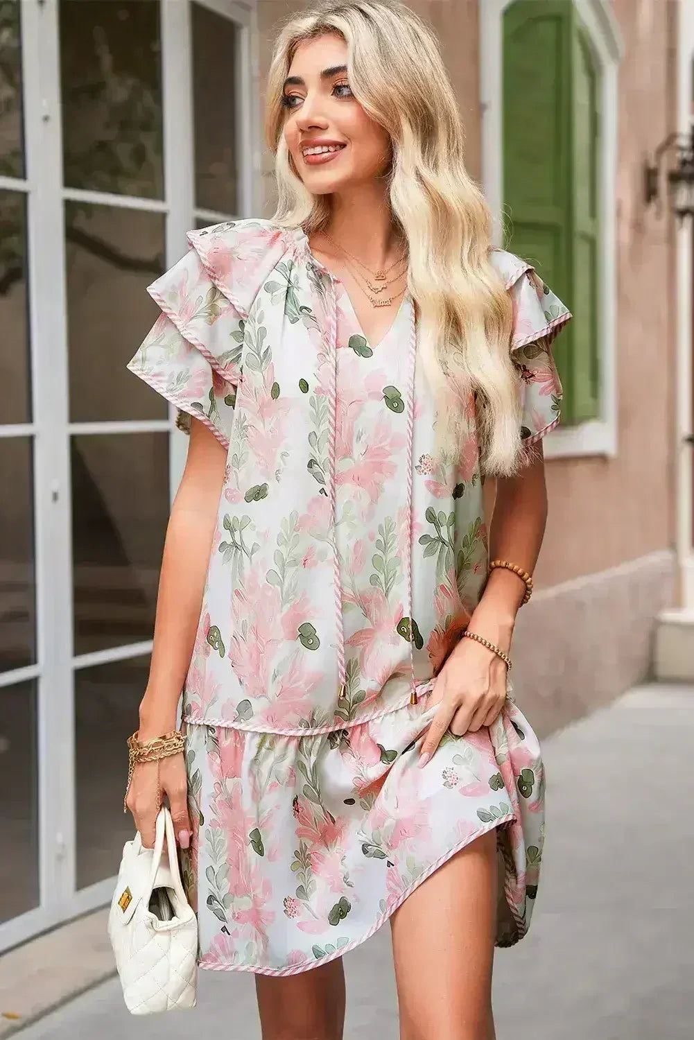 Sky Blue Floral Contrast Edge Ruffle Sleeve Tie Neck Mini Dress - Femstylo