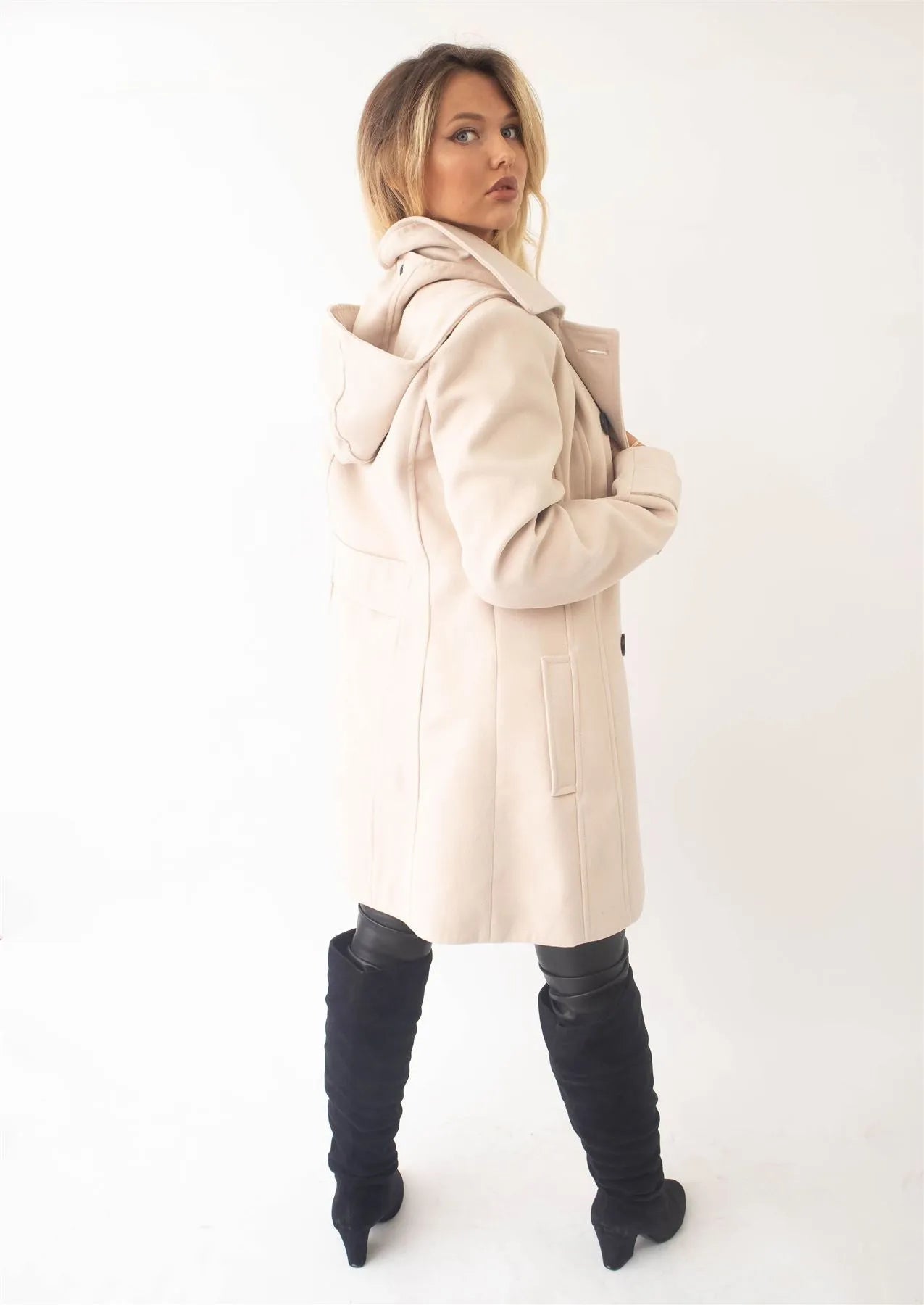 Wool Feel Double Breasted Hooded Coat