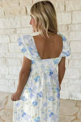 Sky Blue Floral Smocked High Waist Ruffle Sleeveless Long Dress - Femstylo