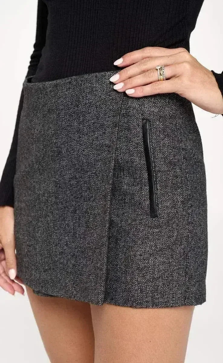 Asymmetrical Wrap Mini Skort with Faux Leather Trim - Femstylo