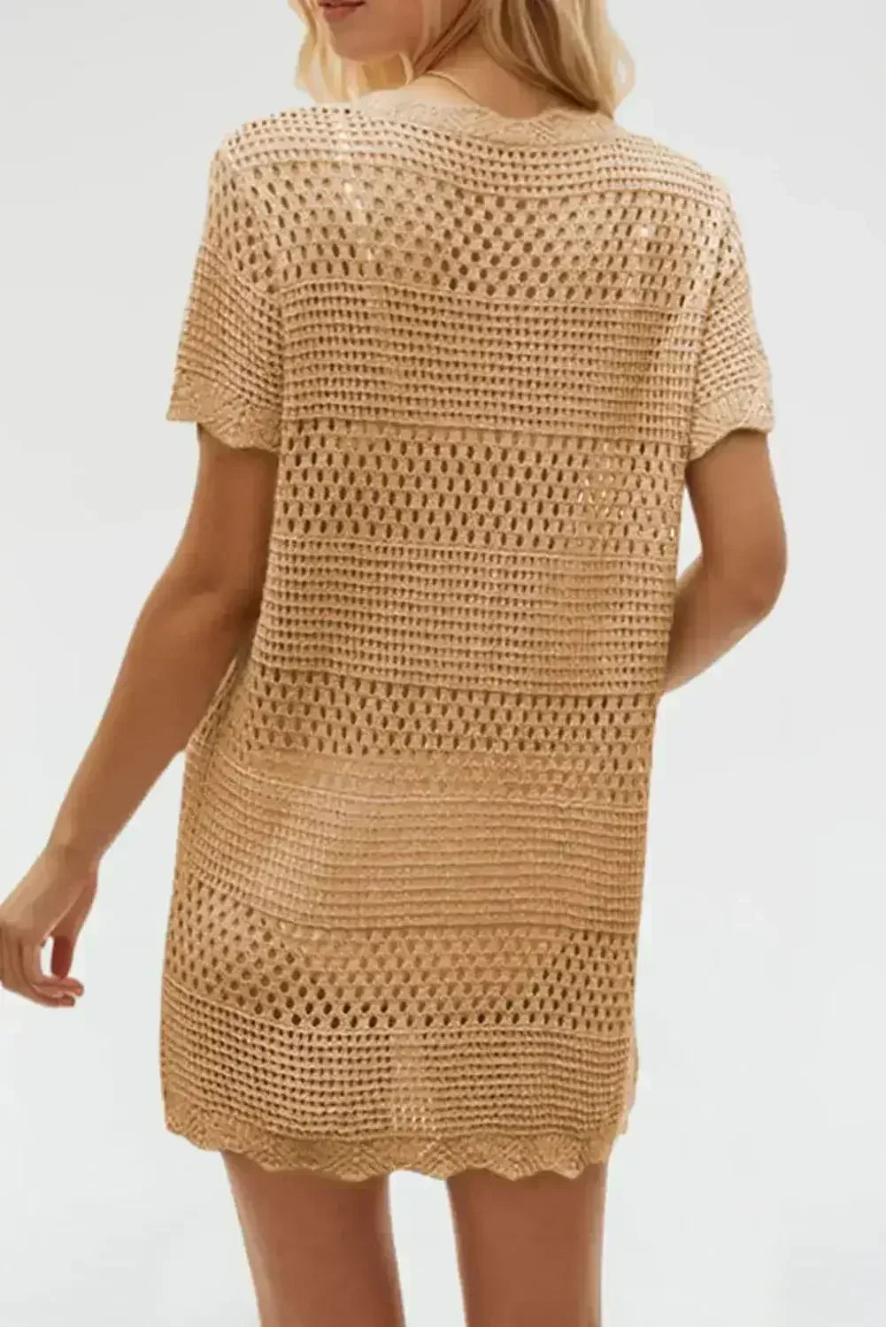 Tan Hollow Out Crochet Short Sleeve Swimsuit Cover Up - Femstylo