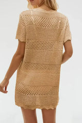 Tan Hollow Out Crochet Short Sleeve Swimsuit Cover Up - Femstylo