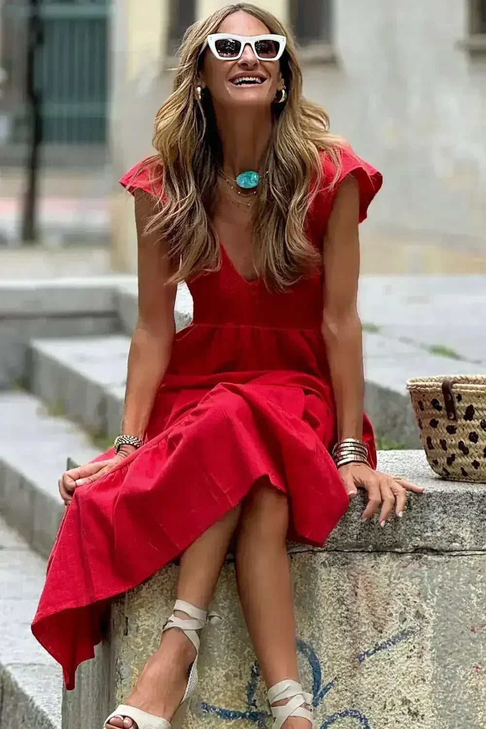 Black V Neck Flutter Sleeve Smocked Bodice High Waist Ruffle Maxi Dress - Femstylo