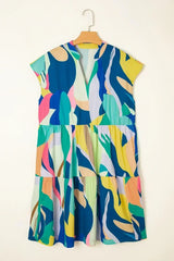 Blue Abstract Print V-Neck Short Sleeve Mini Dress - Femstylo