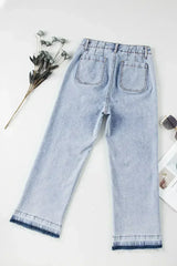 Beau Blue Acid Washed Contrast Hem Pocketed Cropped Jeans - Femstylo