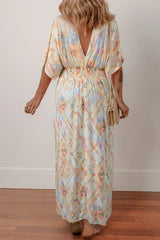 Multicolour Geometric Print Half Sleeve High Waist Maxi Dress - Femstylo