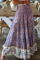 Purple Floral Print Shirred High Waist Maxi Skirt - Femstylo