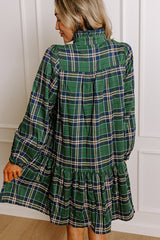 Green Plaid Print Frill Neck Long Sleeve Mini Dress