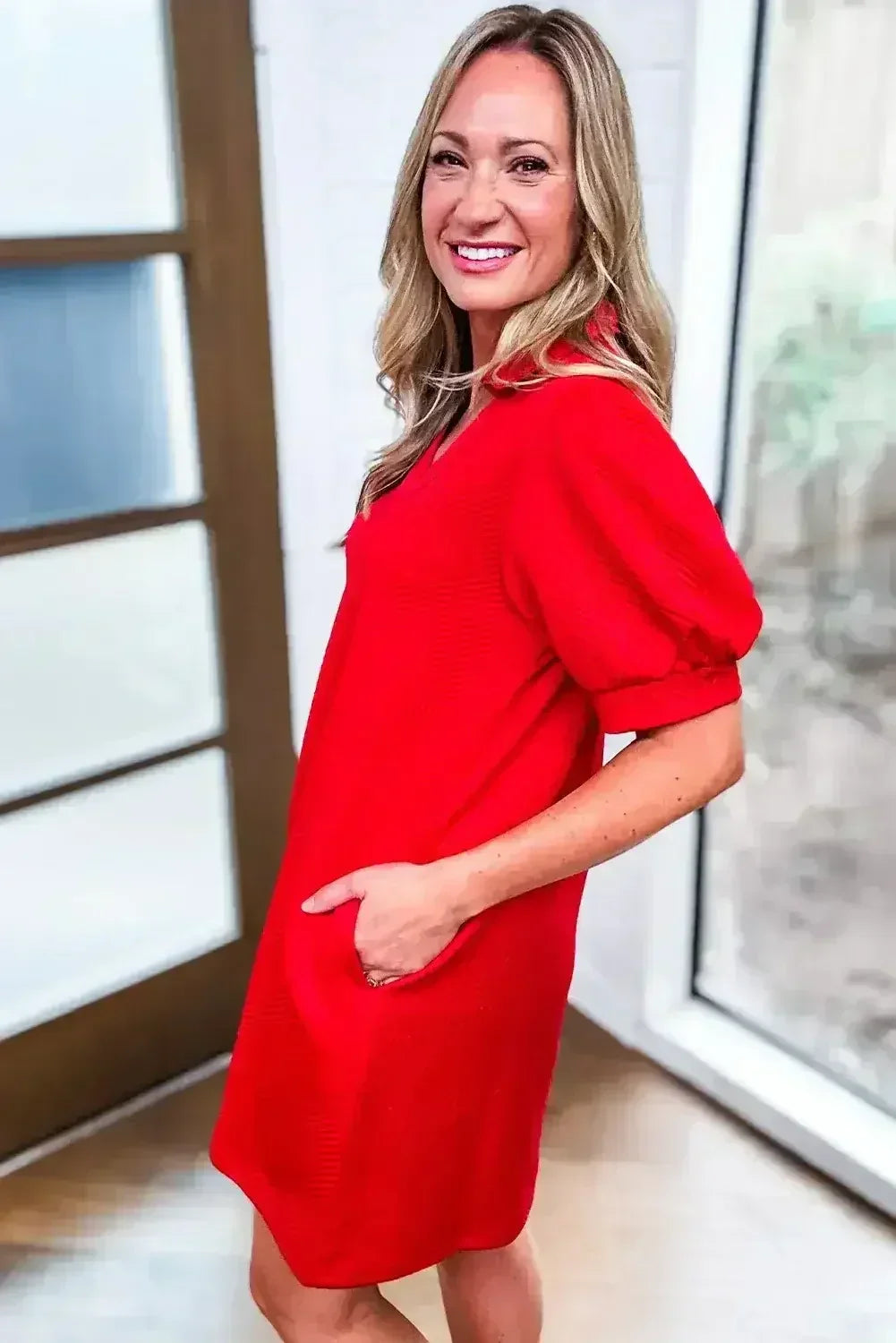 Fiery Red V Neck Puff Sleeve Textured Mini Dress - Femstylo